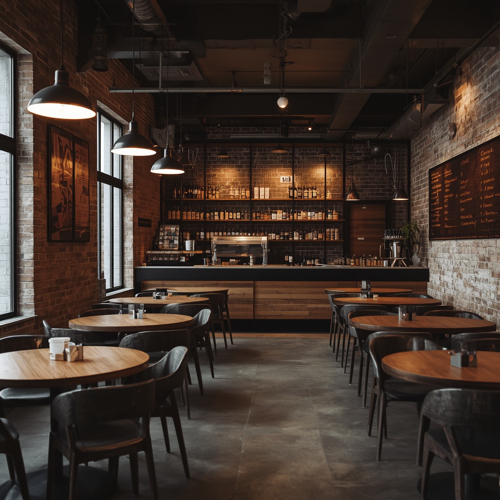 A warm and inviting coffee shop interior with wooden furniture, pendant lights, exposed brick walls, and a cozy atmosphere for coffee lovers